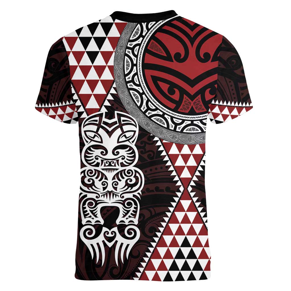 Red Aotearoa Niho Taniwha Women V-Neck T-Shirt Maori Mythology Tooth - Taniko Motifs LT14 - Polynesian Pride