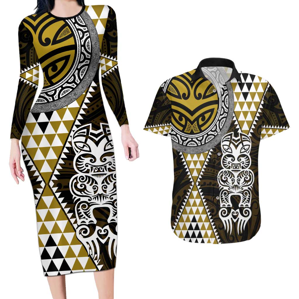 Yellow Aotearoa Niho Taniwha Couples Matching Long Sleeve Bodycon Dress and Hawaiian Shirt Maori Mythology Tooth - Taniko Motifs LT14 Yellow - Polynesian Pride