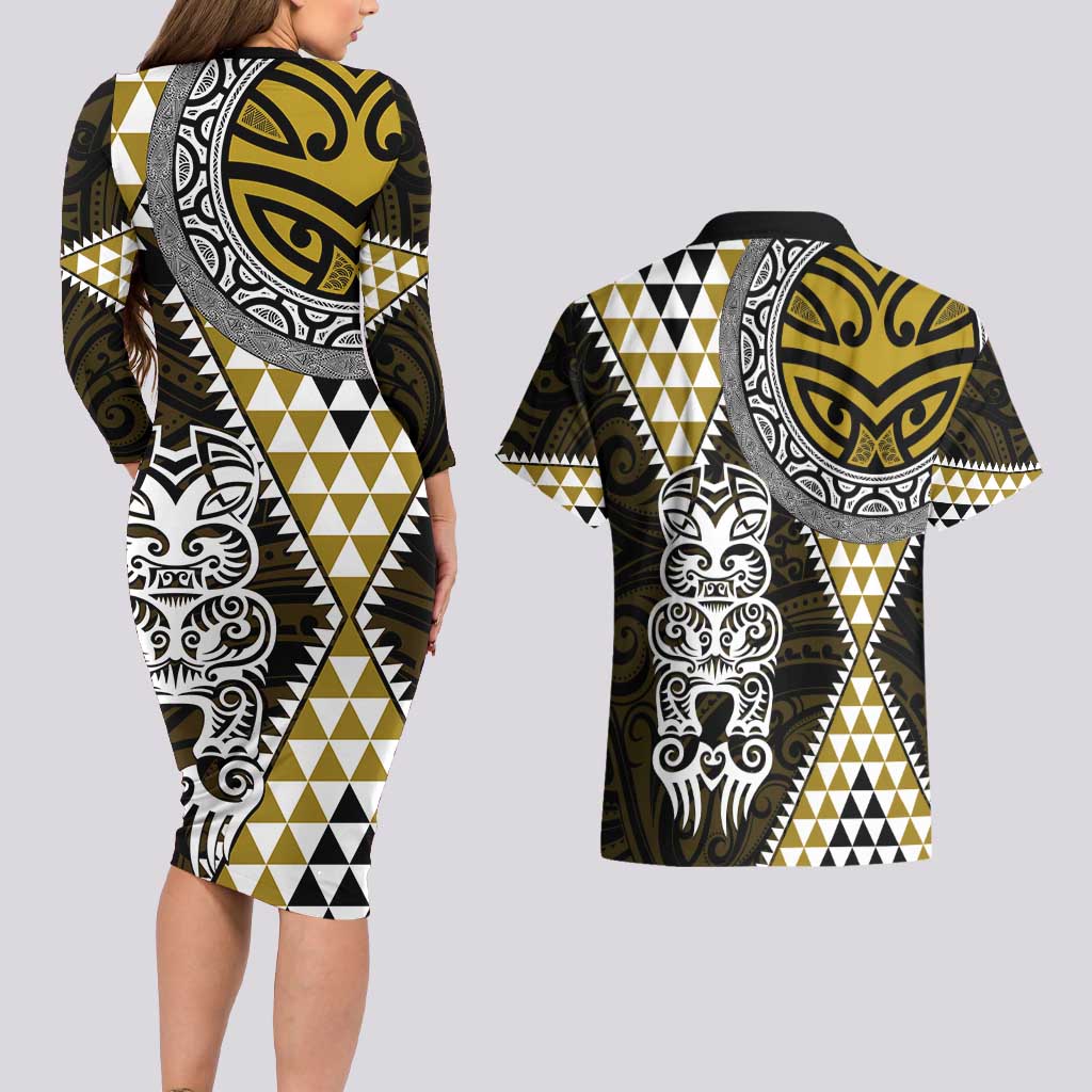 Yellow Aotearoa Niho Taniwha Couples Matching Long Sleeve Bodycon Dress and Hawaiian Shirt Maori Mythology Tooth - Taniko Motifs LT14 - Polynesian Pride