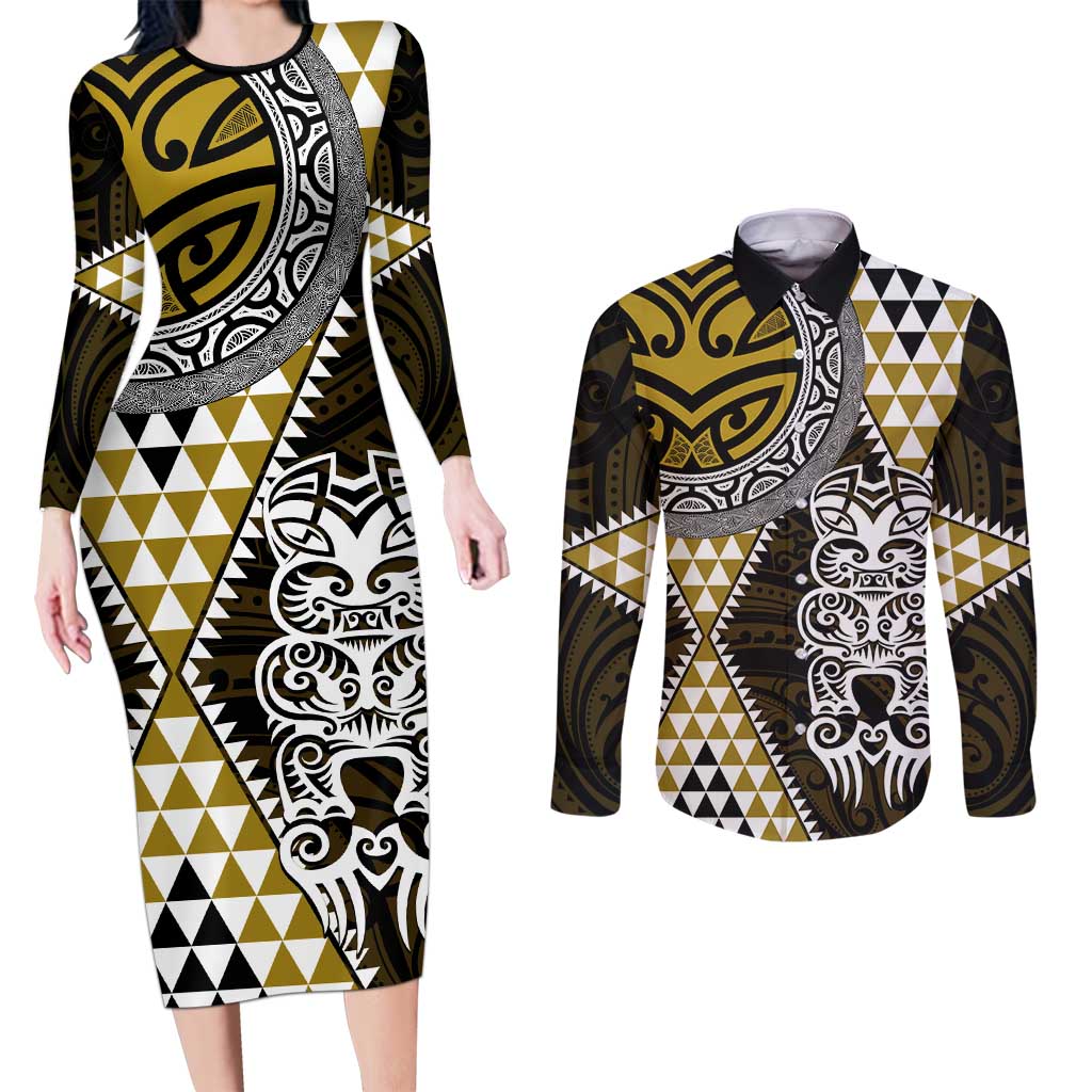Yellow Aotearoa Niho Taniwha Couples Matching Long Sleeve Bodycon Dress and Long Sleeve Button Shirt Maori Mythology Tooth - Taniko Motifs LT14 Yellow - Polynesian Pride