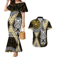 Yellow Aotearoa Niho Taniwha Couples Matching Mermaid Dress and Hawaiian Shirt Maori Mythology Tooth - Taniko Motifs LT14 Yellow - Polynesian Pride