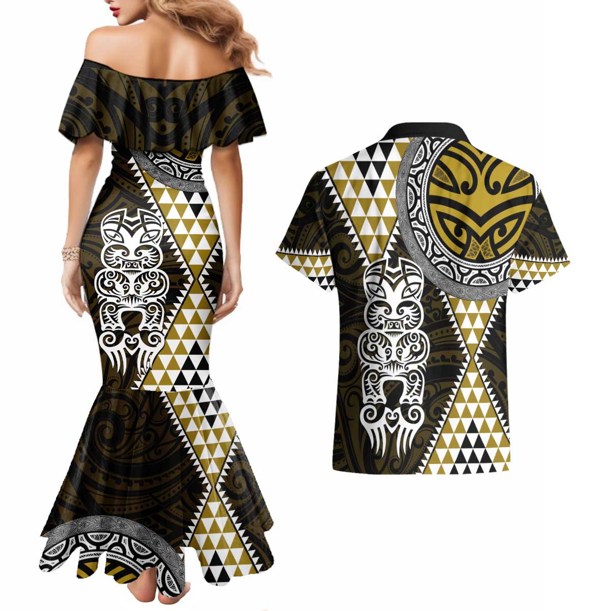 Yellow Aotearoa Niho Taniwha Couples Matching Mermaid Dress and Hawaiian Shirt Maori Mythology Tooth - Taniko Motifs LT14 - Polynesian Pride