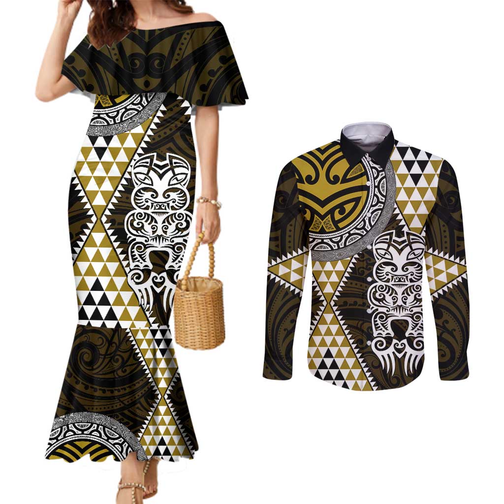 Yellow Aotearoa Niho Taniwha Couples Matching Mermaid Dress and Long Sleeve Button Shirt Maori Mythology Tooth - Taniko Motifs LT14 Yellow - Polynesian Pride