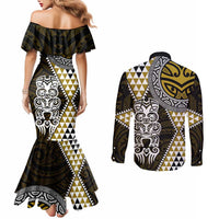 Yellow Aotearoa Niho Taniwha Couples Matching Mermaid Dress and Long Sleeve Button Shirt Maori Mythology Tooth - Taniko Motifs LT14 - Polynesian Pride