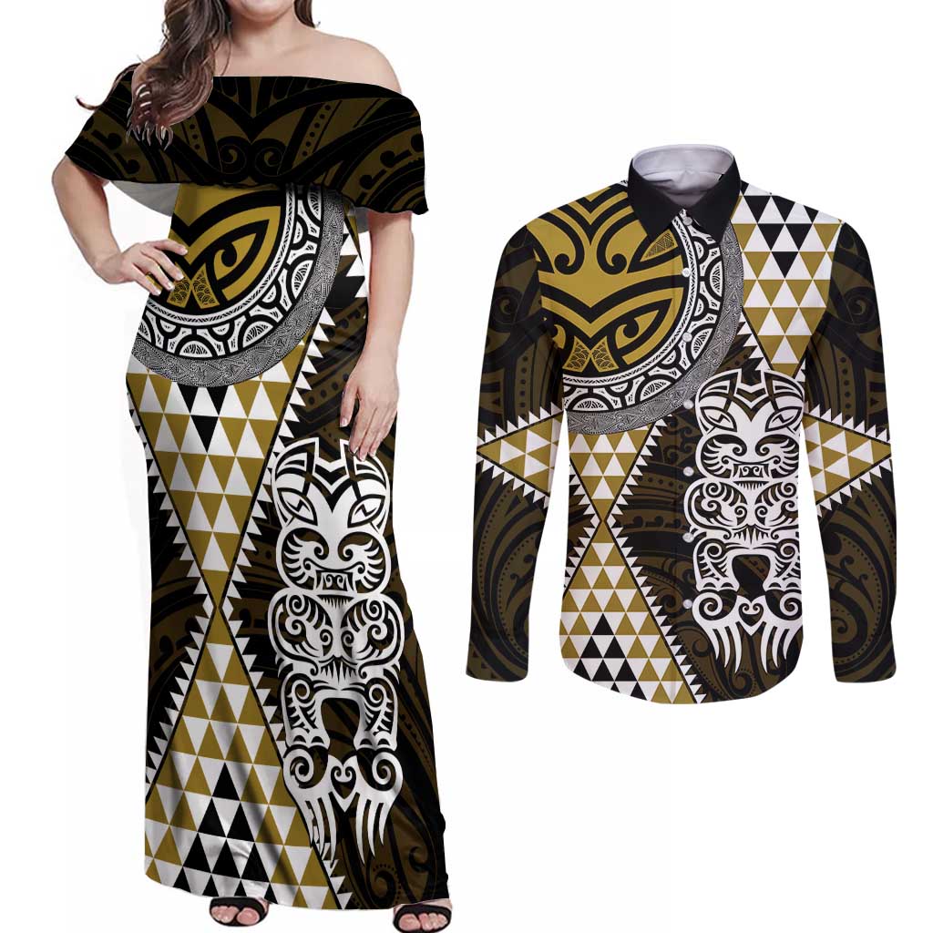 Yellow Aotearoa Niho Taniwha Couples Matching Off Shoulder Maxi Dress and Long Sleeve Button Shirt Maori Mythology Tooth - Taniko Motifs LT14 Yellow - Polynesian Pride
