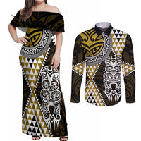 Yellow Aotearoa Niho Taniwha Couples Matching Off Shoulder Maxi Dress and Long Sleeve Button Shirt Maori Mythology Tooth - Taniko Motifs LT14 Yellow - Polynesian Pride