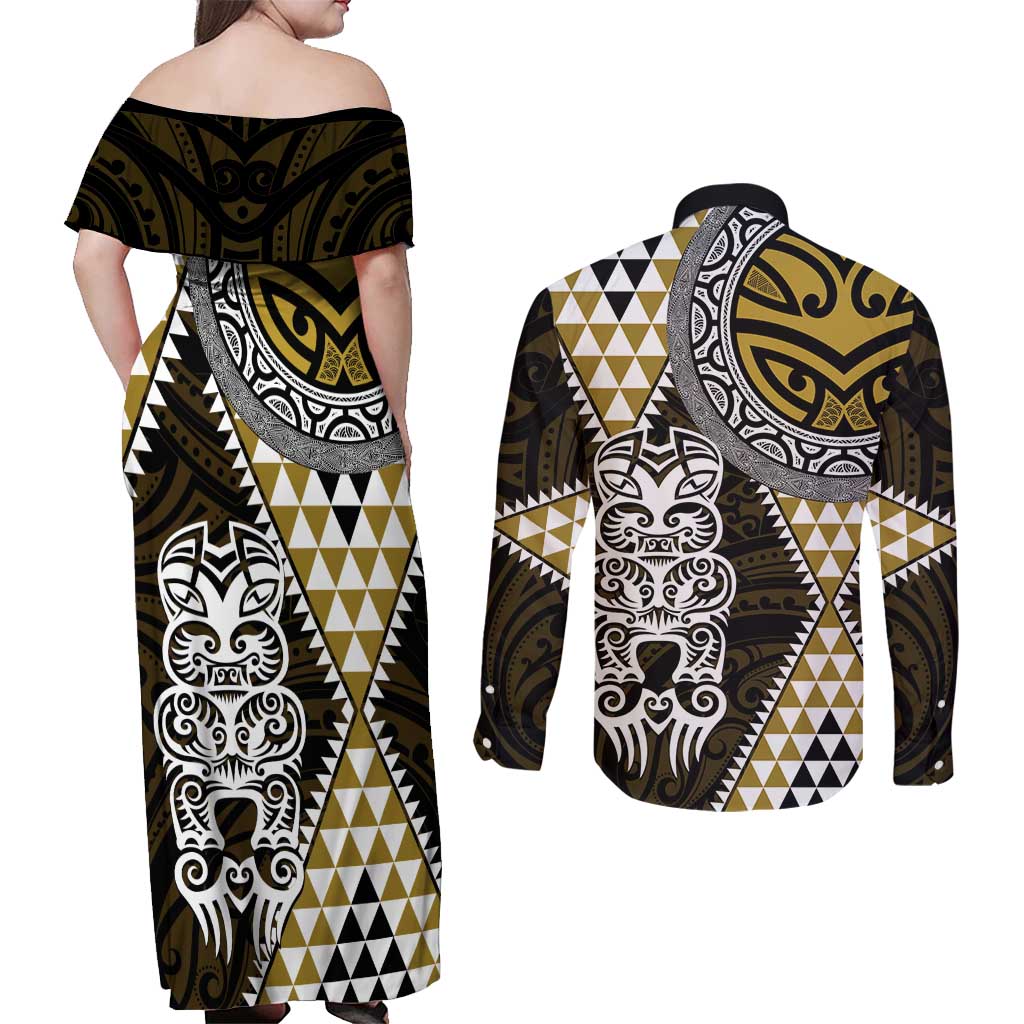 Yellow Aotearoa Niho Taniwha Couples Matching Off Shoulder Maxi Dress and Long Sleeve Button Shirt Maori Mythology Tooth - Taniko Motifs LT14 - Polynesian Pride