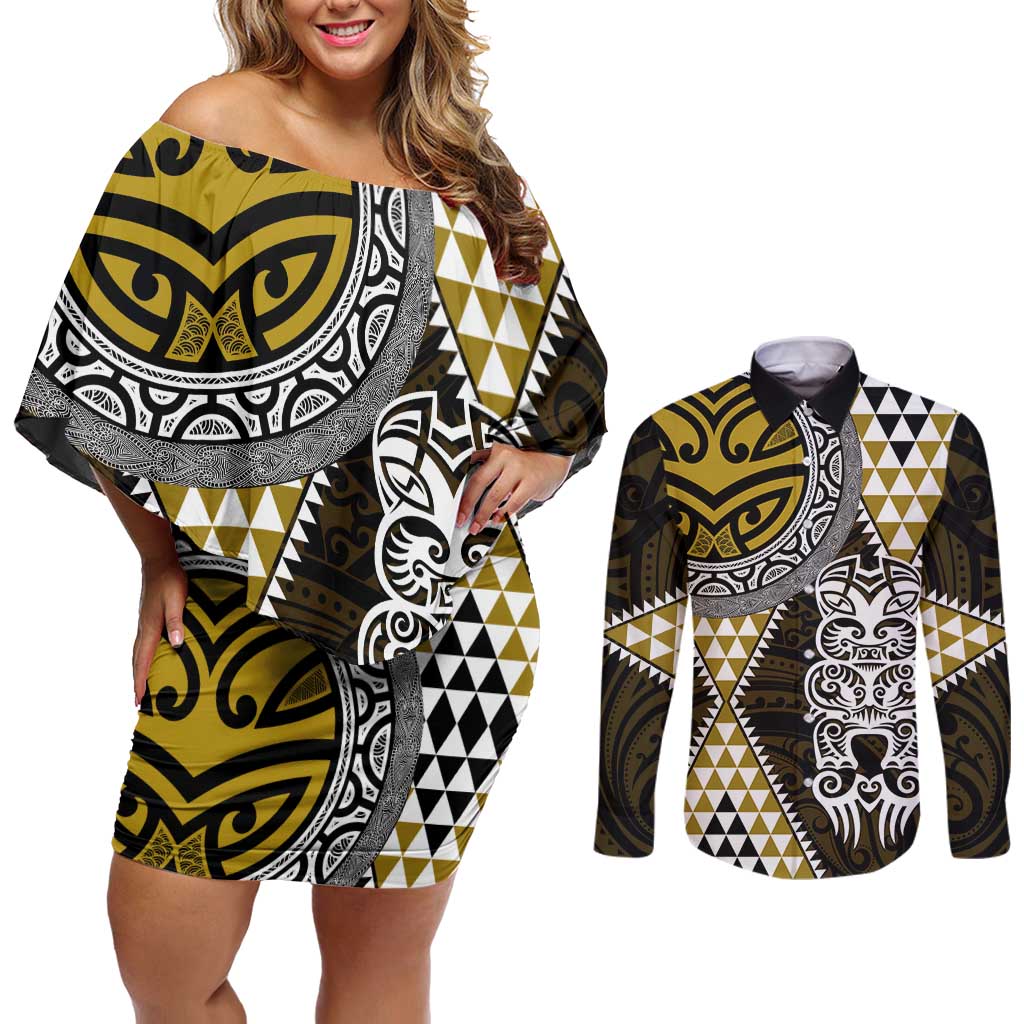 Yellow Aotearoa Niho Taniwha Couples Matching Off Shoulder Short Dress and Long Sleeve Button Shirt Maori Mythology Tooth - Taniko Motifs LT14 Yellow - Polynesian Pride