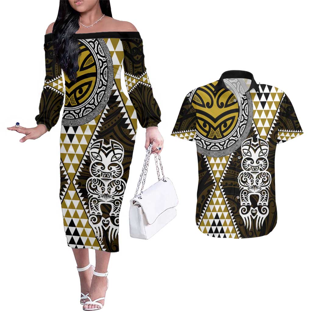 Yellow Aotearoa Niho Taniwha Couples Matching Off The Shoulder Long Sleeve Dress and Hawaiian Shirt Maori Mythology Tooth - Taniko Motifs LT14 Yellow - Polynesian Pride