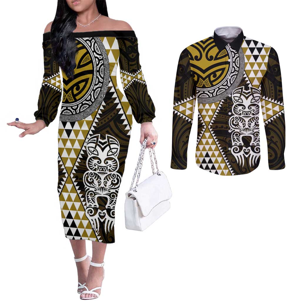 Yellow Aotearoa Niho Taniwha Couples Matching Off The Shoulder Long Sleeve Dress and Long Sleeve Button Shirt Maori Mythology Tooth - Taniko Motifs LT14 Yellow - Polynesian Pride