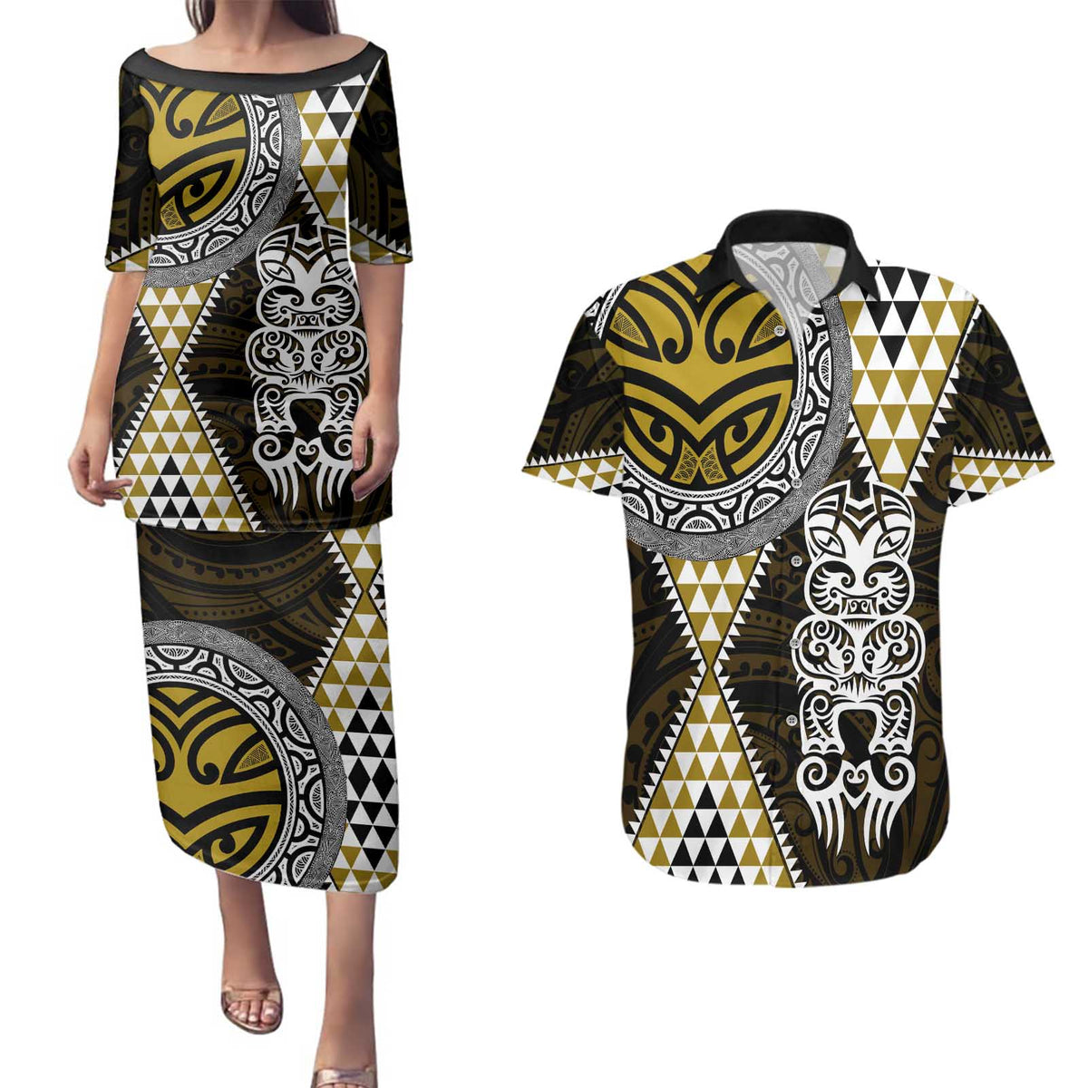 Yellow Aotearoa Niho Taniwha Couples Matching Puletasi and Hawaiian Shirt Maori Mythology Tooth - Taniko Motifs LT14 Yellow - Polynesian Pride