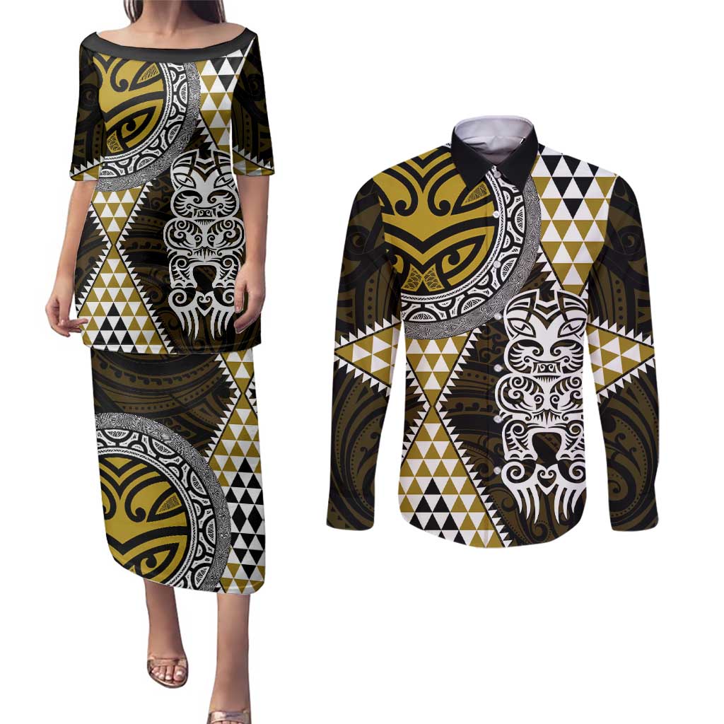 Yellow Aotearoa Niho Taniwha Couples Matching Puletasi and Long Sleeve Button Shirt Maori Mythology Tooth - Taniko Motifs LT14 Yellow - Polynesian Pride