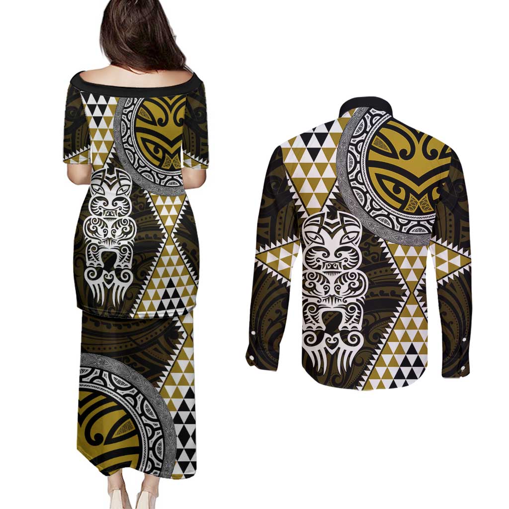 Yellow Aotearoa Niho Taniwha Couples Matching Puletasi and Long Sleeve Button Shirt Maori Mythology Tooth - Taniko Motifs LT14 - Polynesian Pride