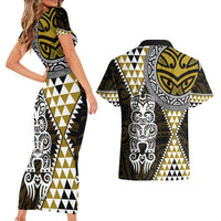 Yellow Aotearoa Niho Taniwha Couples Matching Short Sleeve Bodycon Dress and Hawaiian Shirt Maori Mythology Tooth - Taniko Motifs LT14 - Polynesian Pride