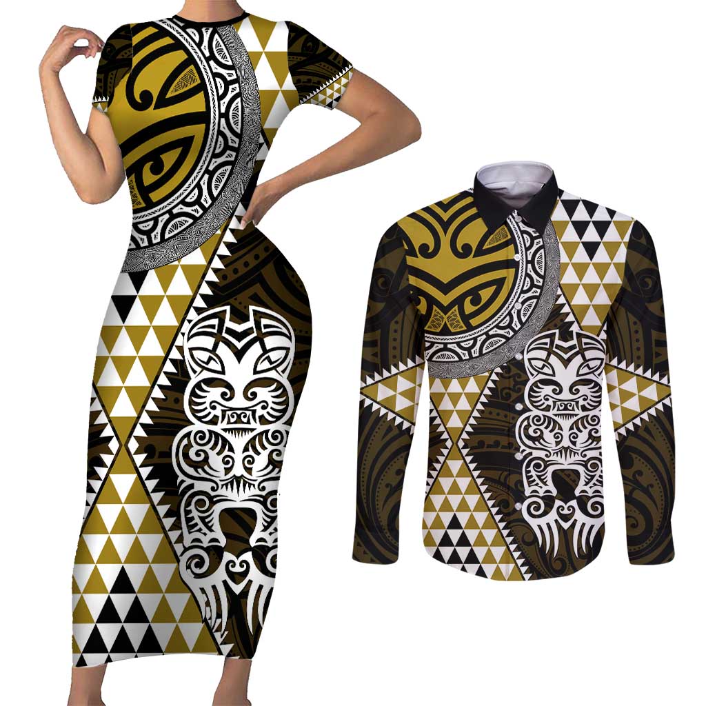 Yellow Aotearoa Niho Taniwha Couples Matching Short Sleeve Bodycon Dress and Long Sleeve Button Shirt Maori Mythology Tooth - Taniko Motifs LT14 Yellow - Polynesian Pride
