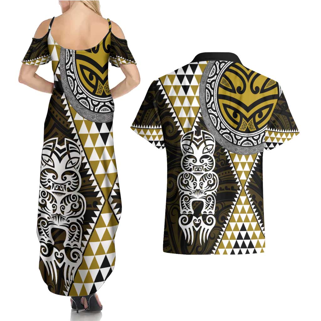 Yellow Aotearoa Niho Taniwha Couples Matching Summer Maxi Dress and Hawaiian Shirt Maori Mythology Tooth - Taniko Motifs LT14 - Polynesian Pride