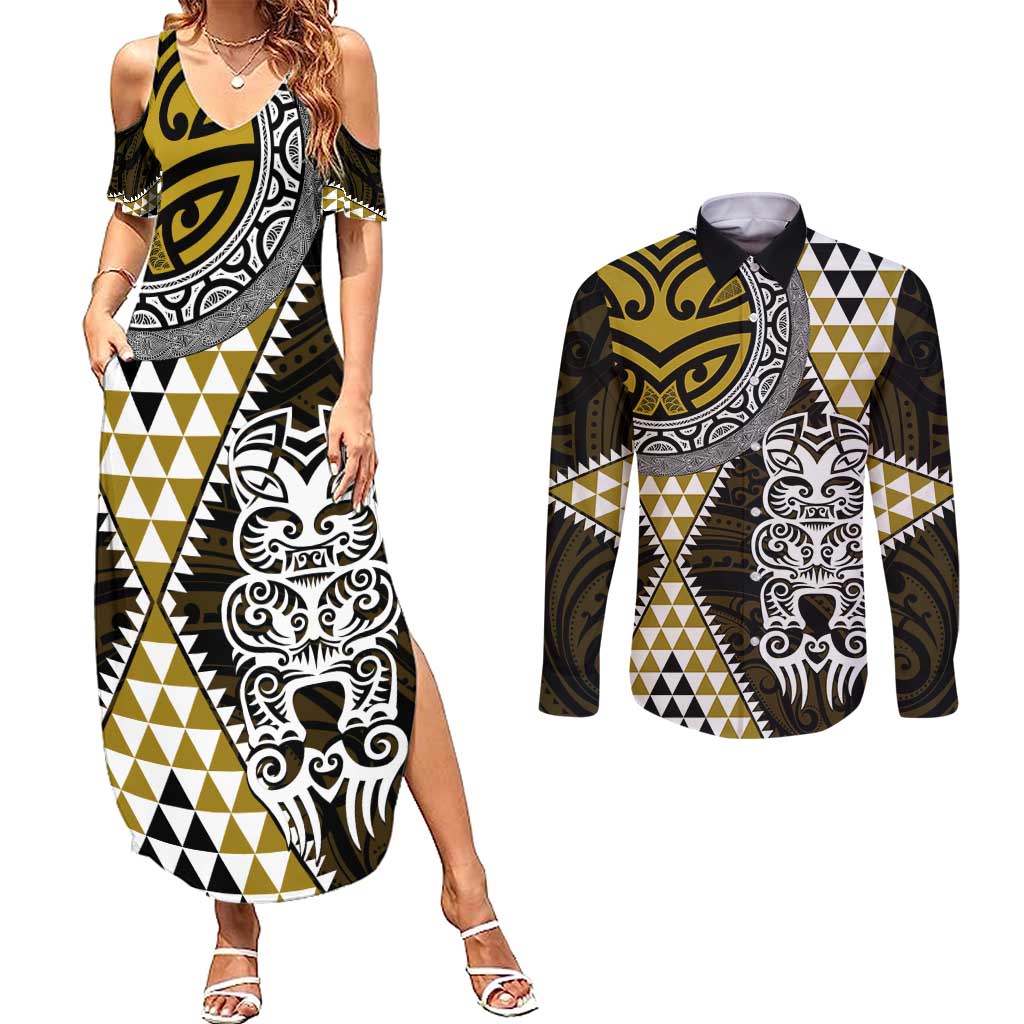 Yellow Aotearoa Niho Taniwha Couples Matching Summer Maxi Dress and Long Sleeve Button Shirt Maori Mythology Tooth - Taniko Motifs LT14 Yellow - Polynesian Pride