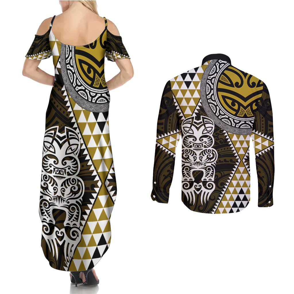 Yellow Aotearoa Niho Taniwha Couples Matching Summer Maxi Dress and Long Sleeve Button Shirt Maori Mythology Tooth - Taniko Motifs LT14 - Polynesian Pride