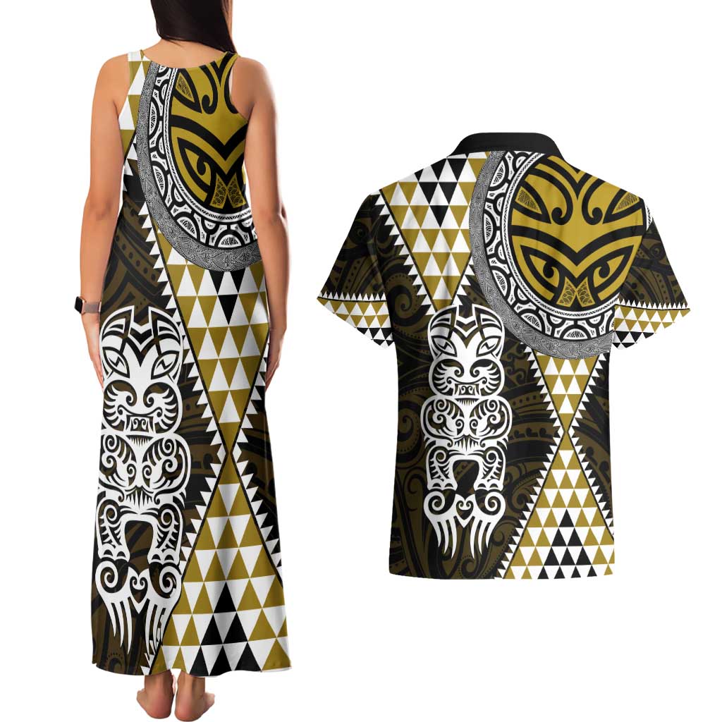 Yellow Aotearoa Niho Taniwha Couples Matching Tank Maxi Dress and Hawaiian Shirt Maori Mythology Tooth - Taniko Motifs LT14 - Polynesian Pride