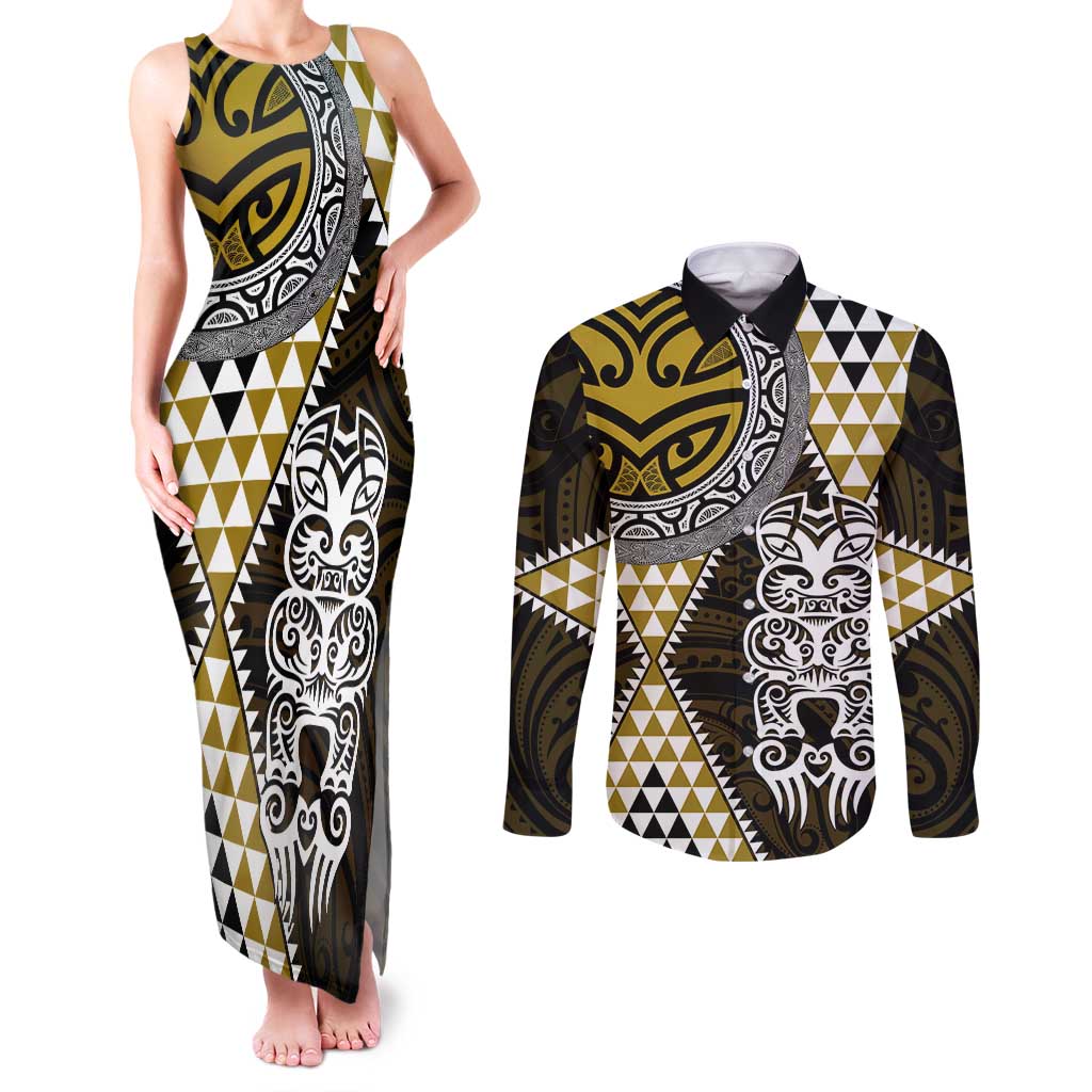 Yellow Aotearoa Niho Taniwha Couples Matching Tank Maxi Dress and Long Sleeve Button Shirt Maori Mythology Tooth - Taniko Motifs LT14 Yellow - Polynesian Pride