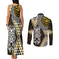Yellow Aotearoa Niho Taniwha Couples Matching Tank Maxi Dress and Long Sleeve Button Shirt Maori Mythology Tooth - Taniko Motifs LT14 - Polynesian Pride