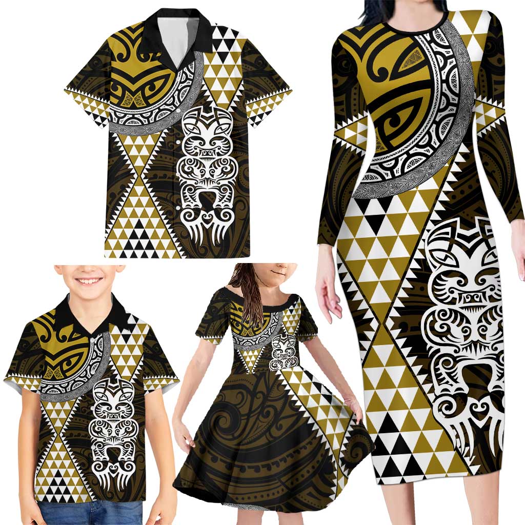Yellow Aotearoa Niho Taniwha Family Matching Long Sleeve Bodycon Dress and Hawaiian Shirt Maori Mythology Tooth - Taniko Motifs LT14 - Polynesian Pride