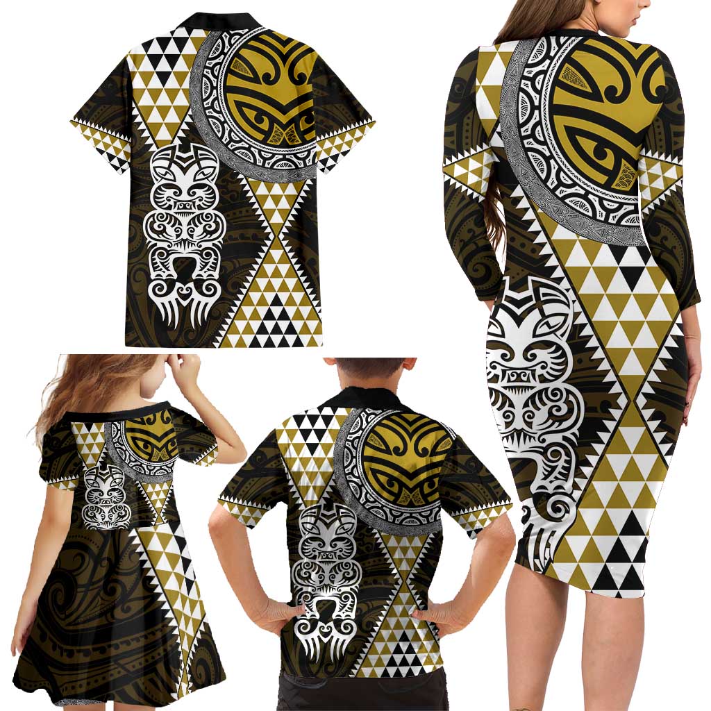 Yellow Aotearoa Niho Taniwha Family Matching Long Sleeve Bodycon Dress and Hawaiian Shirt Maori Mythology Tooth - Taniko Motifs LT14 - Polynesian Pride