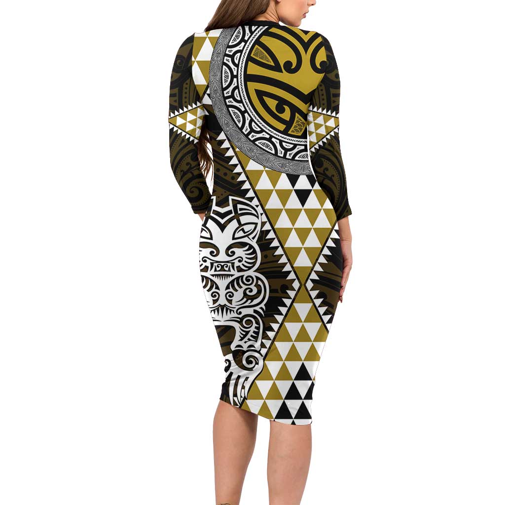 Yellow Aotearoa Niho Taniwha Family Matching Long Sleeve Bodycon Dress and Hawaiian Shirt Maori Mythology Tooth - Taniko Motifs LT14 - Polynesian Pride