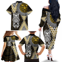 Yellow Aotearoa Niho Taniwha Family Matching Off The Shoulder Long Sleeve Dress and Hawaiian Shirt Maori Mythology Tooth - Taniko Motifs LT14 - Polynesian Pride