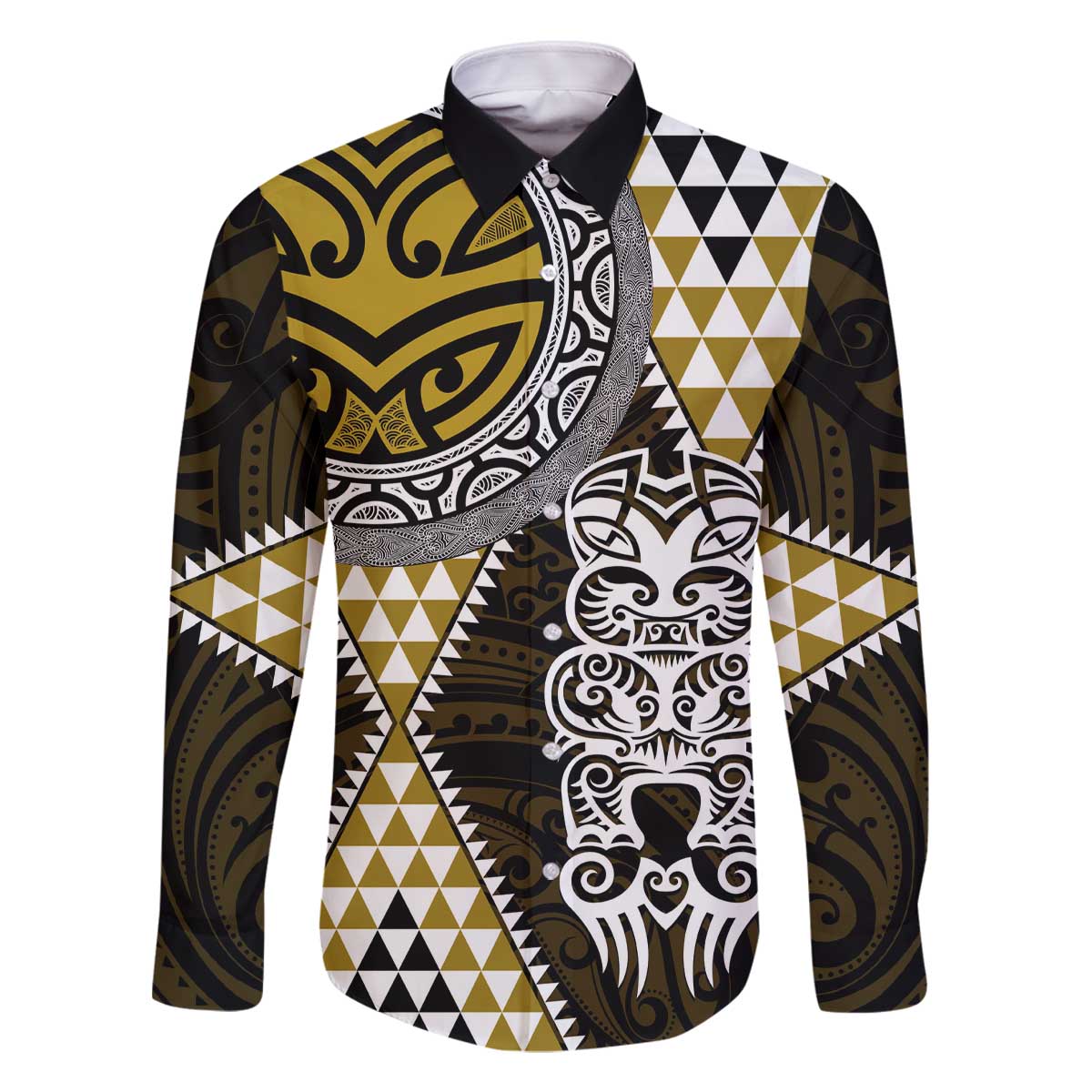 Yellow Aotearoa Niho Taniwha Family Matching Off The Shoulder Long Sleeve Dress and Hawaiian Shirt Maori Mythology Tooth - Taniko Motifs LT14 Dad's Shirt - Long Sleeve Yellow - Polynesian Pride
