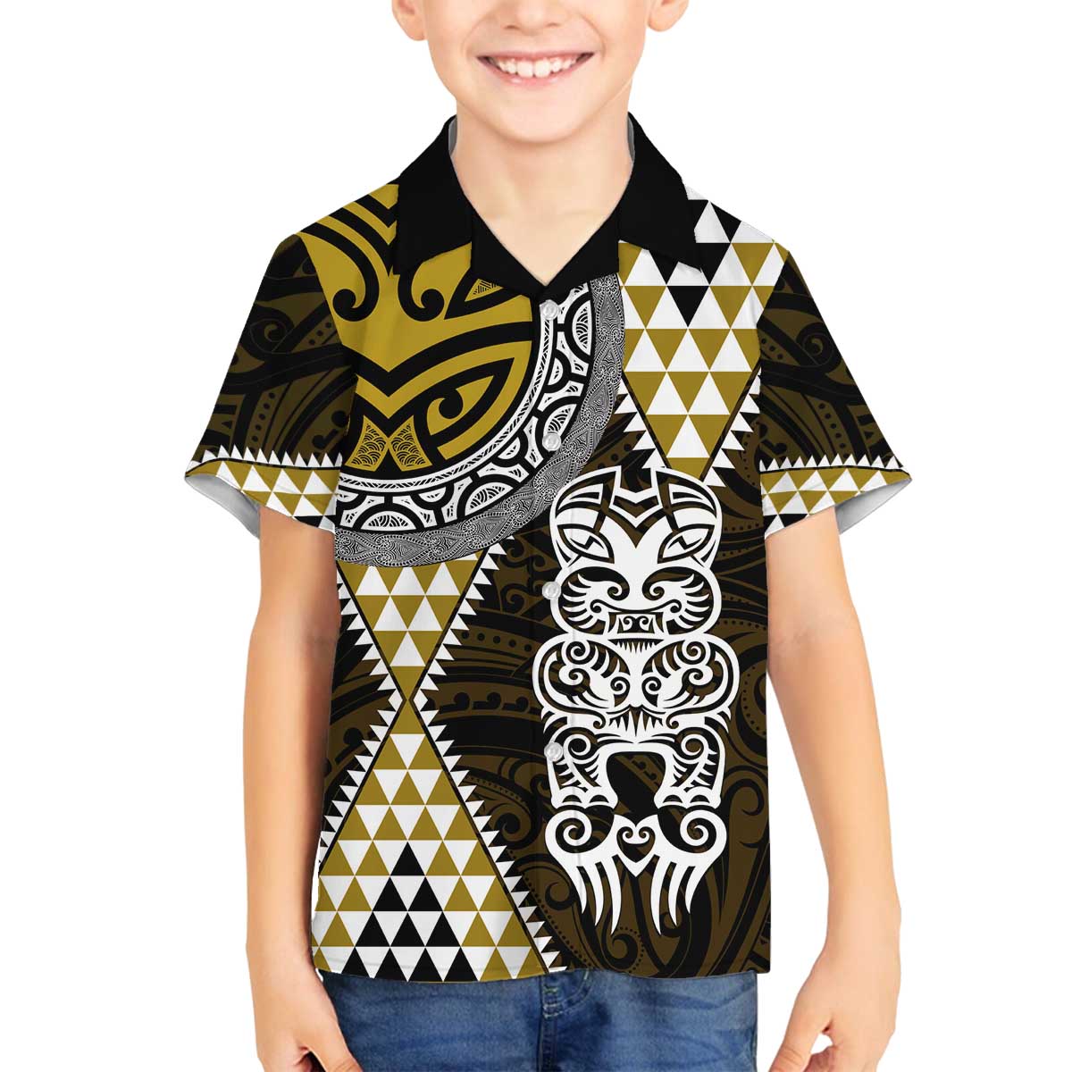Yellow Aotearoa Niho Taniwha Family Matching Off The Shoulder Long Sleeve Dress and Hawaiian Shirt Maori Mythology Tooth - Taniko Motifs LT14 Son's Shirt Yellow - Polynesian Pride