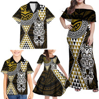 Yellow Aotearoa Niho Taniwha Family Matching Off Shoulder Maxi Dress and Hawaiian Shirt Maori Mythology Tooth - Taniko Motifs LT14 - Polynesian Pride