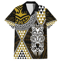 Yellow Aotearoa Niho Taniwha Family Matching Off Shoulder Maxi Dress and Hawaiian Shirt Maori Mythology Tooth - Taniko Motifs LT14 Dad's Shirt - Short Sleeve Yellow - Polynesian Pride