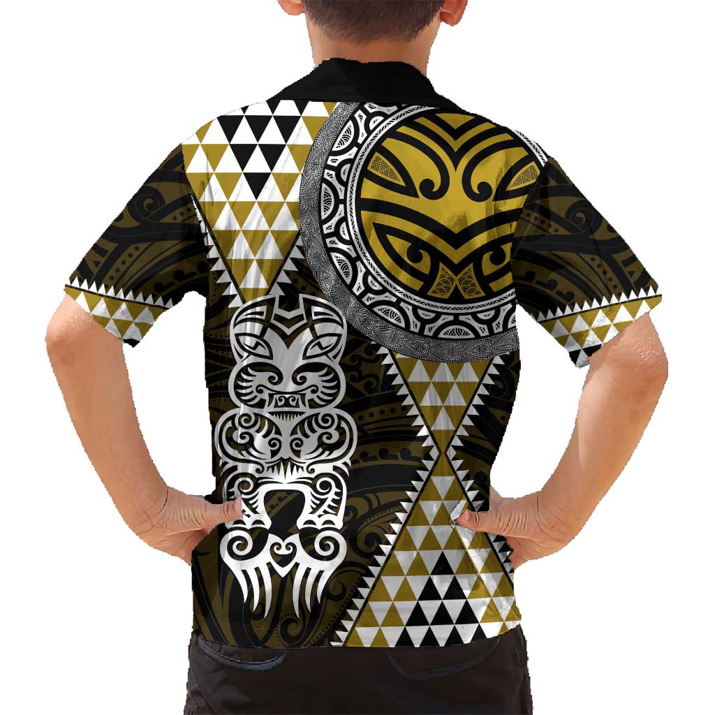 Yellow Aotearoa Niho Taniwha Family Matching Off Shoulder Short Dress and Hawaiian Shirt Maori Mythology Tooth - Taniko Motifs LT14 - Polynesian Pride