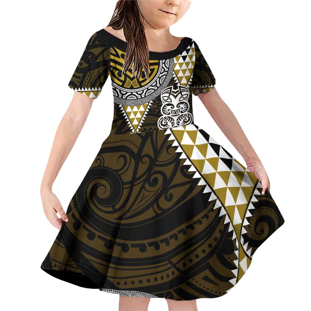 Yellow Aotearoa Niho Taniwha Family Matching Off Shoulder Short Dress and Hawaiian Shirt Maori Mythology Tooth - Taniko Motifs LT14 Daughter's Dress Yellow - Polynesian Pride