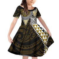 Yellow Aotearoa Niho Taniwha Family Matching Off Shoulder Short Dress and Hawaiian Shirt Maori Mythology Tooth - Taniko Motifs LT14 Daughter's Dress Yellow - Polynesian Pride