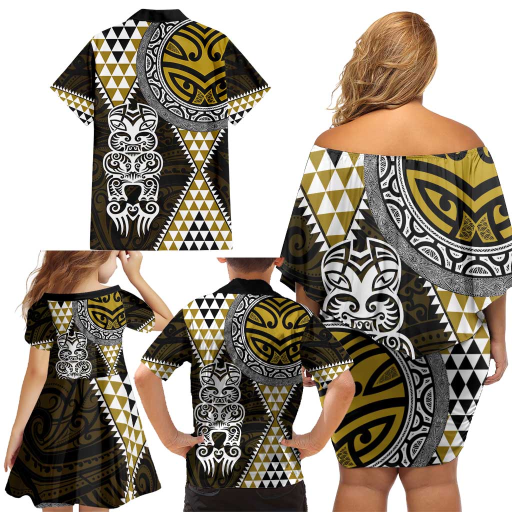 Yellow Aotearoa Niho Taniwha Family Matching Off Shoulder Short Dress and Hawaiian Shirt Maori Mythology Tooth - Taniko Motifs LT14 - Polynesian Pride
