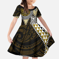 Yellow Aotearoa Niho Taniwha Family Matching Puletasi and Hawaiian Shirt Maori Mythology Tooth - Taniko Motifs LT14 Daughter's Dress Yellow - Polynesian Pride