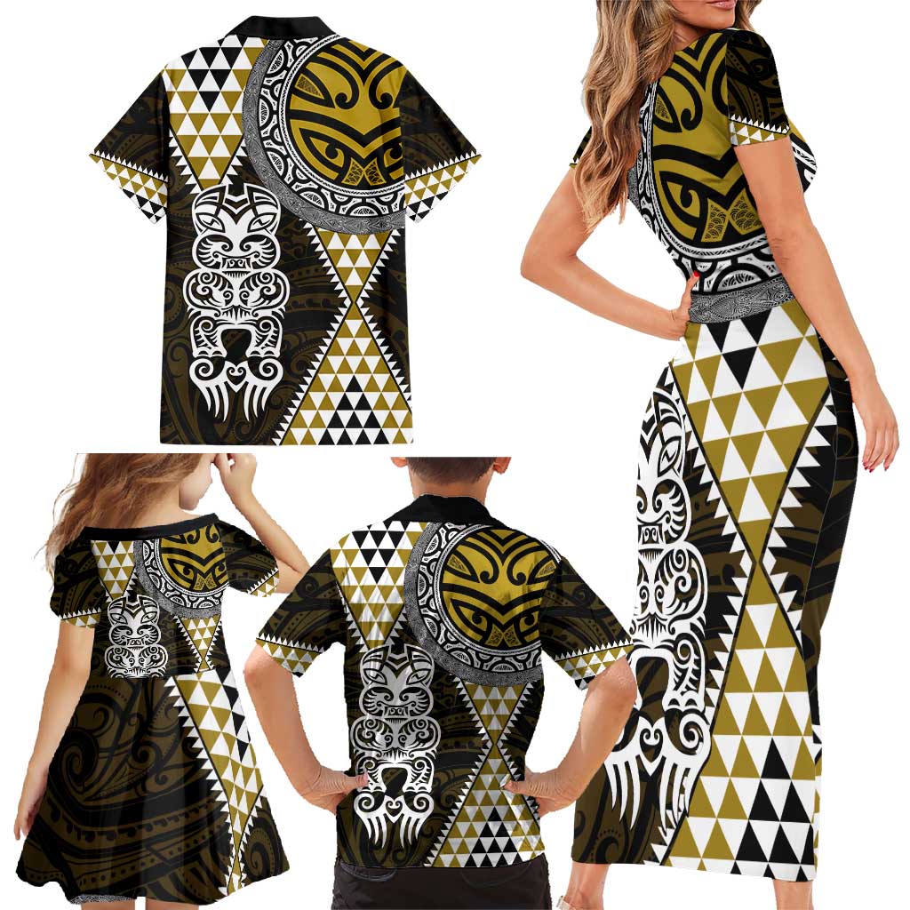 Yellow Aotearoa Niho Taniwha Family Matching Short Sleeve Bodycon Dress and Hawaiian Shirt Maori Mythology Tooth - Taniko Motifs LT14 - Polynesian Pride