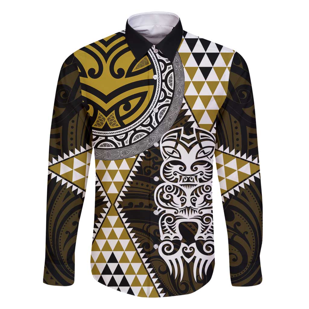 Yellow Aotearoa Niho Taniwha Family Matching Tank Maxi Dress and Hawaiian Shirt Maori Mythology Tooth - Taniko Motifs LT14 Dad's Shirt - Long Sleeve Yellow - Polynesian Pride