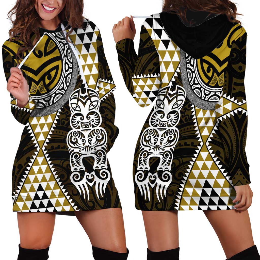 Yellow Aotearoa Niho Taniwha Hoodie Dress Maori Mythology Tooth - Taniko Motifs LT14 - Polynesian Pride