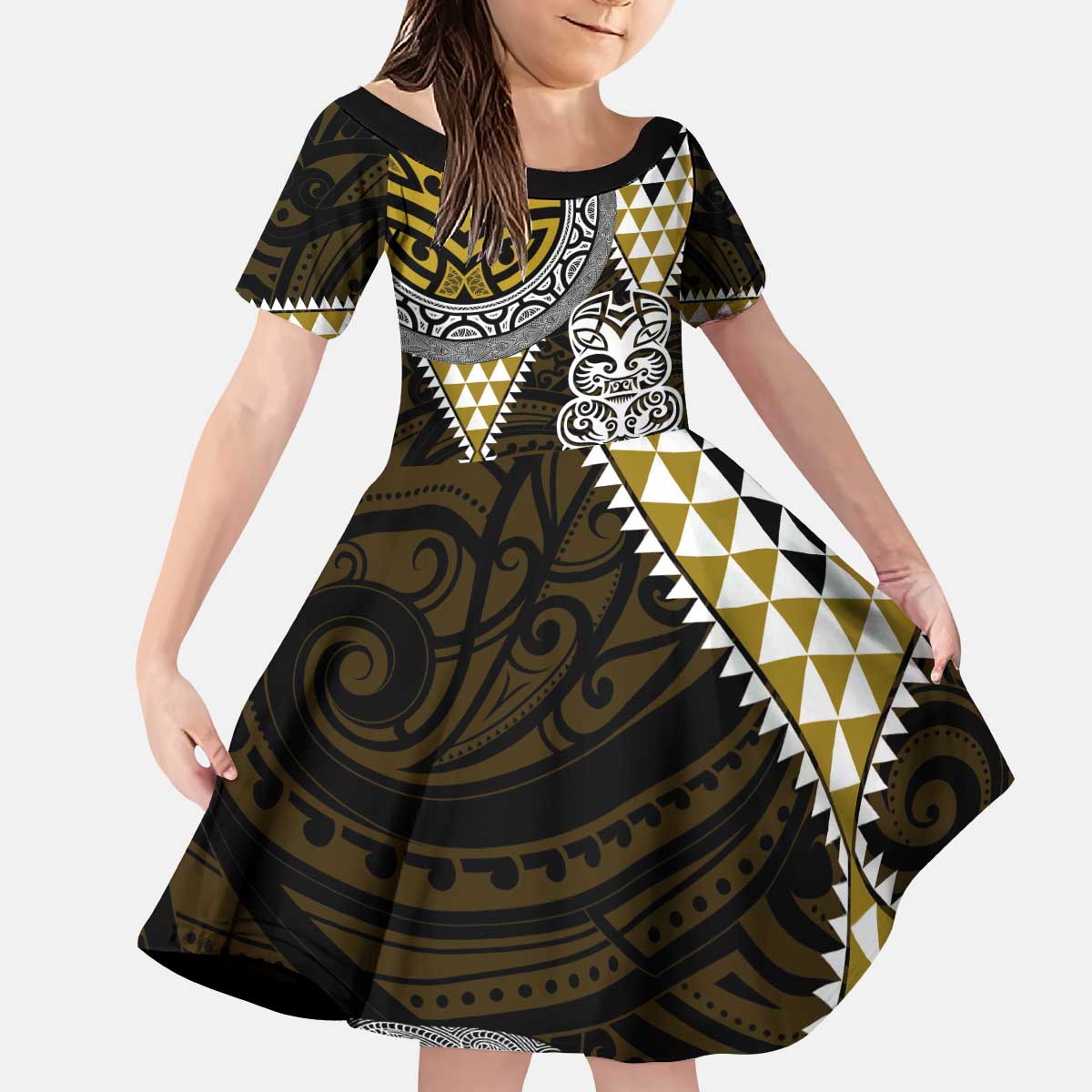 Yellow Aotearoa Niho Taniwha Kid Short Sleeve Dress Maori Mythology Tooth - Taniko Motifs