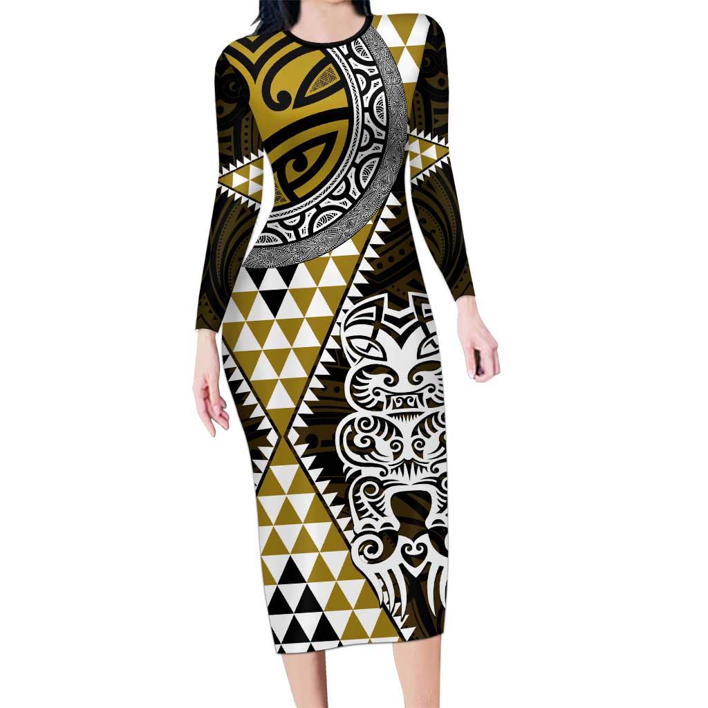Yellow Aotearoa Niho Taniwha Long Sleeve Bodycon Dress Maori Mythology Tooth - Taniko Motifs LT14 Long Dress Yellow - Polynesian Pride