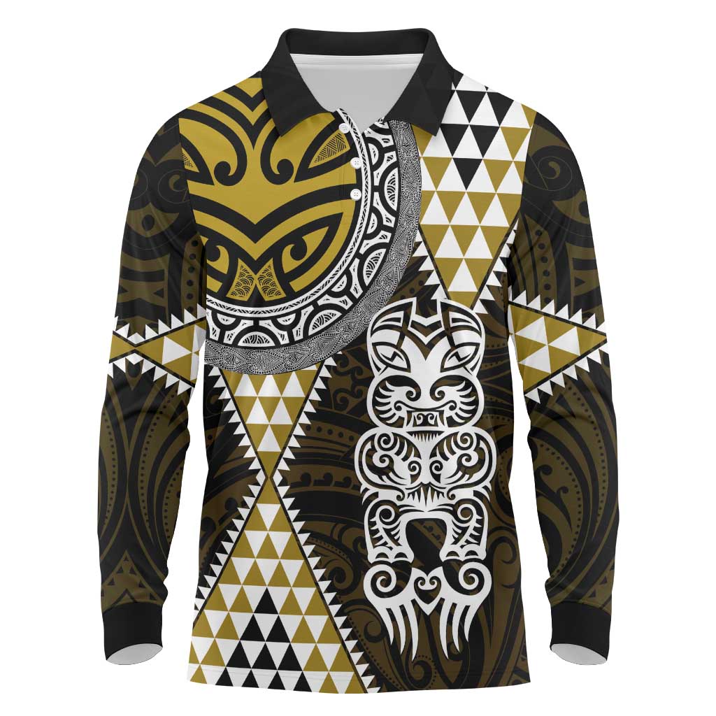 Yellow Aotearoa Niho Taniwha Long Sleeve Polo Shirt Maori Mythology Tooth - Taniko Motifs LT14 Yellow - Polynesian Pride
