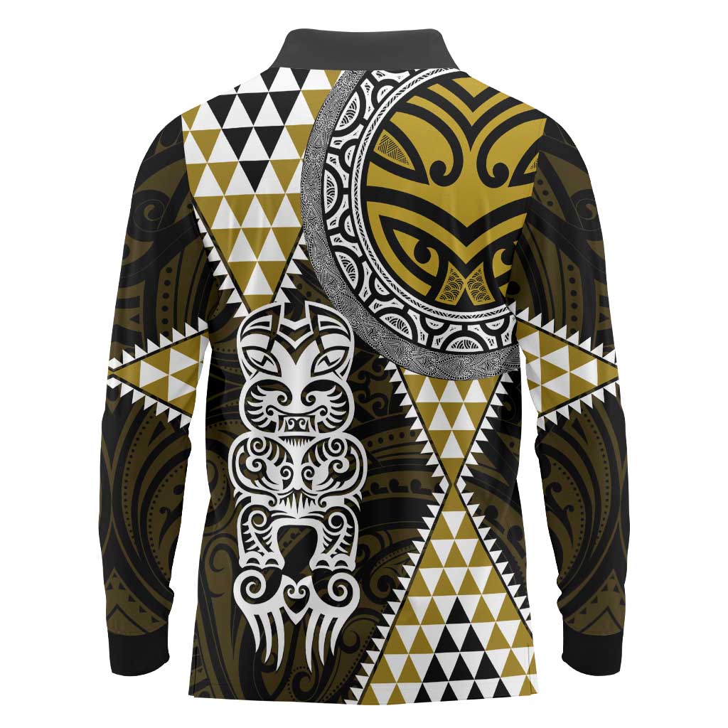 Yellow Aotearoa Niho Taniwha Long Sleeve Polo Shirt Maori Mythology Tooth - Taniko Motifs LT14 - Polynesian Pride
