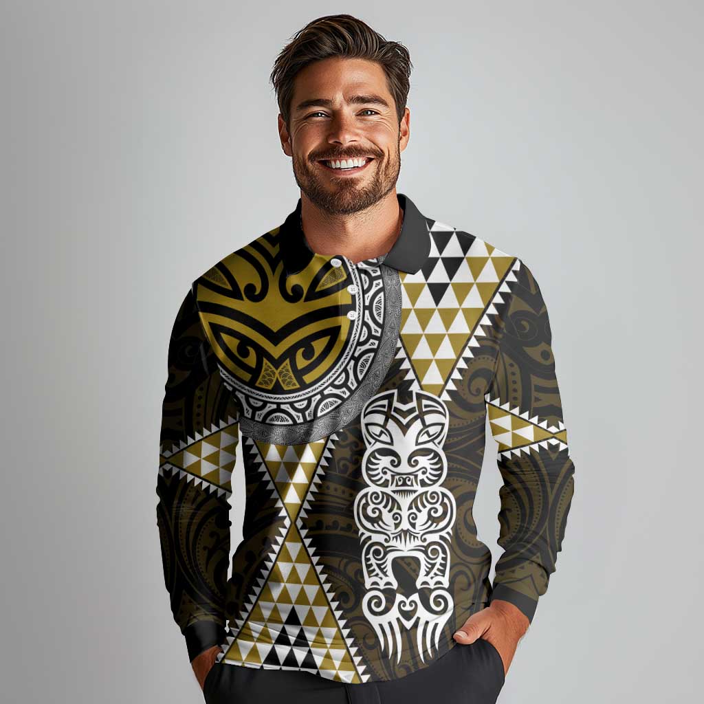 Yellow Aotearoa Niho Taniwha Long Sleeve Polo Shirt Maori Mythology Tooth - Taniko Motifs LT14 - Polynesian Pride