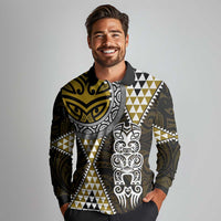 Yellow Aotearoa Niho Taniwha Long Sleeve Polo Shirt Maori Mythology Tooth - Taniko Motifs LT14 - Polynesian Pride