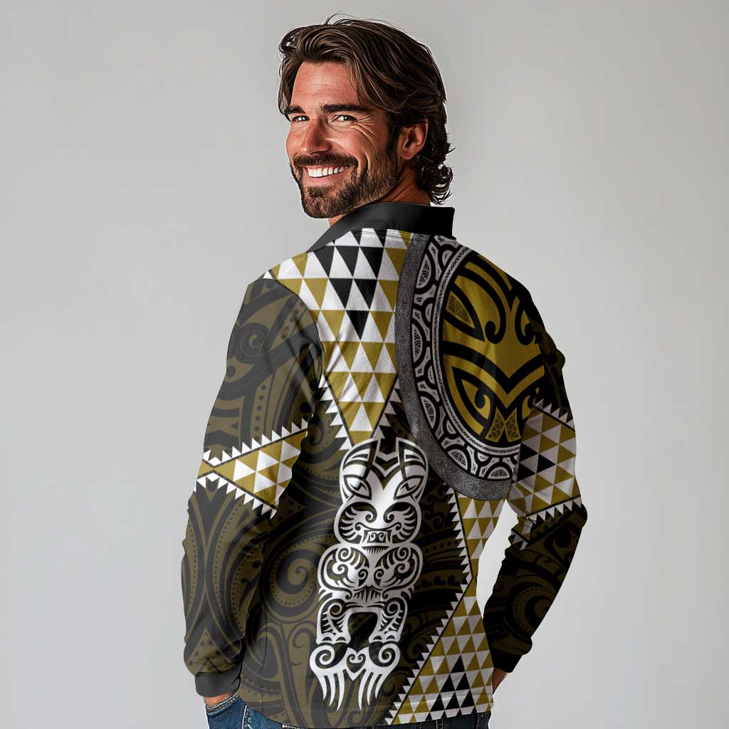 Yellow Aotearoa Niho Taniwha Long Sleeve Polo Shirt Maori Mythology Tooth - Taniko Motifs LT14 - Polynesian Pride