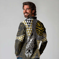 Yellow Aotearoa Niho Taniwha Long Sleeve Polo Shirt Maori Mythology Tooth - Taniko Motifs LT14 - Polynesian Pride