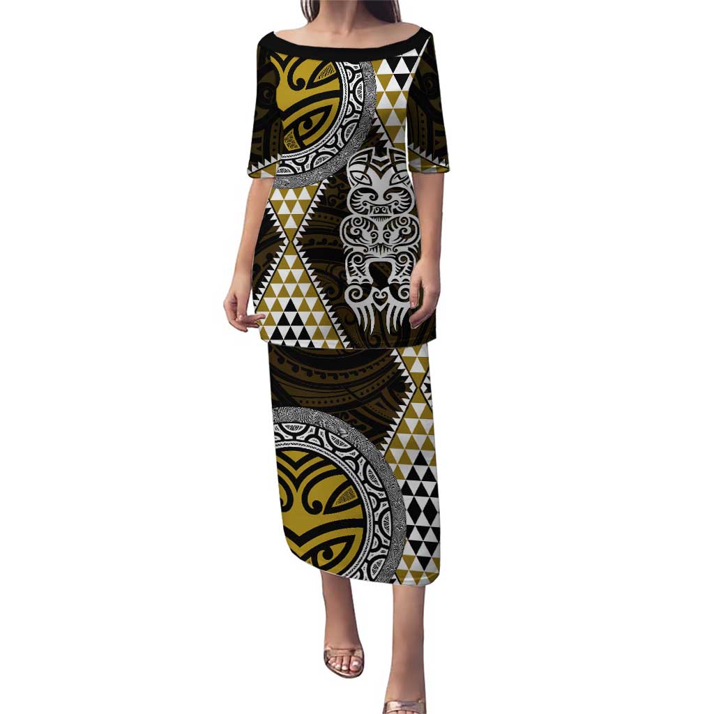 Yellow Aotearoa Niho Taniwha Puletasi Maori Mythology Tooth - Taniko Motifs LT14 Long Dress Yellow - Polynesian Pride